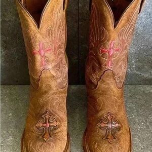 Tony Lama Soft Brown Leather Western Boots with Pink Cross Embroidery